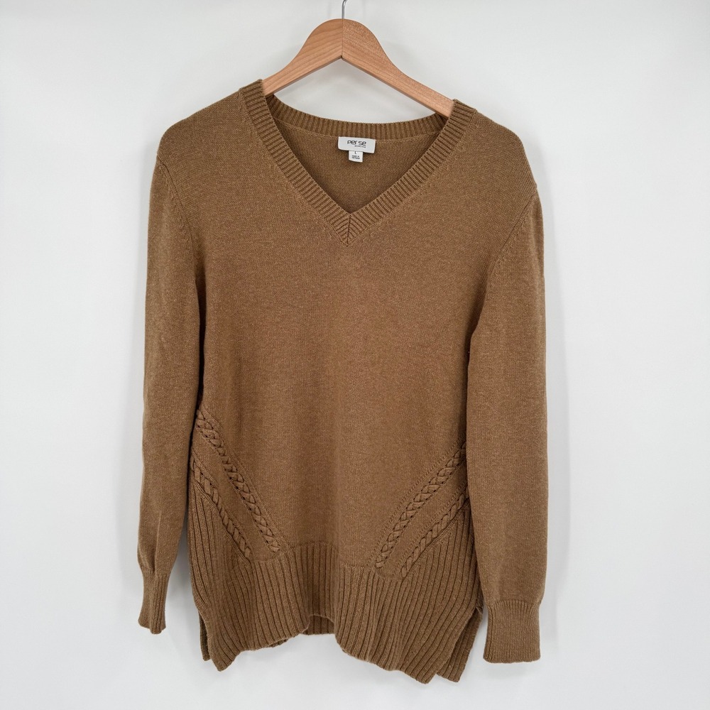 Per Se by Carlisle Brown Cotton Cashmere V-Neck Cable Knit Sweater Women's Large